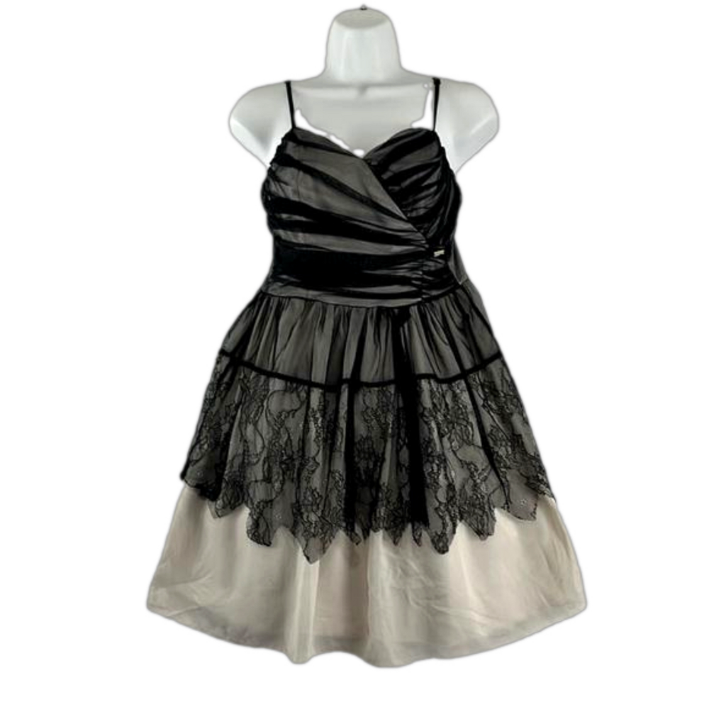 Rina Scimento Italian-Made Beige Mini Dress w/ Black Mesh Overlay